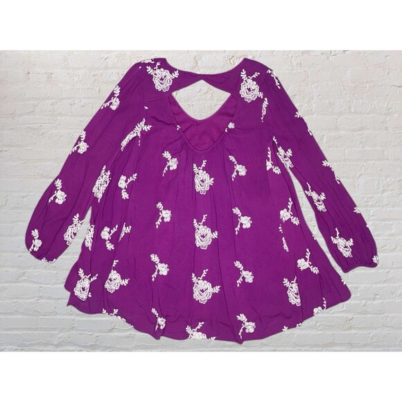 Free People Emma Austin Embroidered Tunic Dress Size MED Fuchsia Floral Boho - Picture 8 of 16